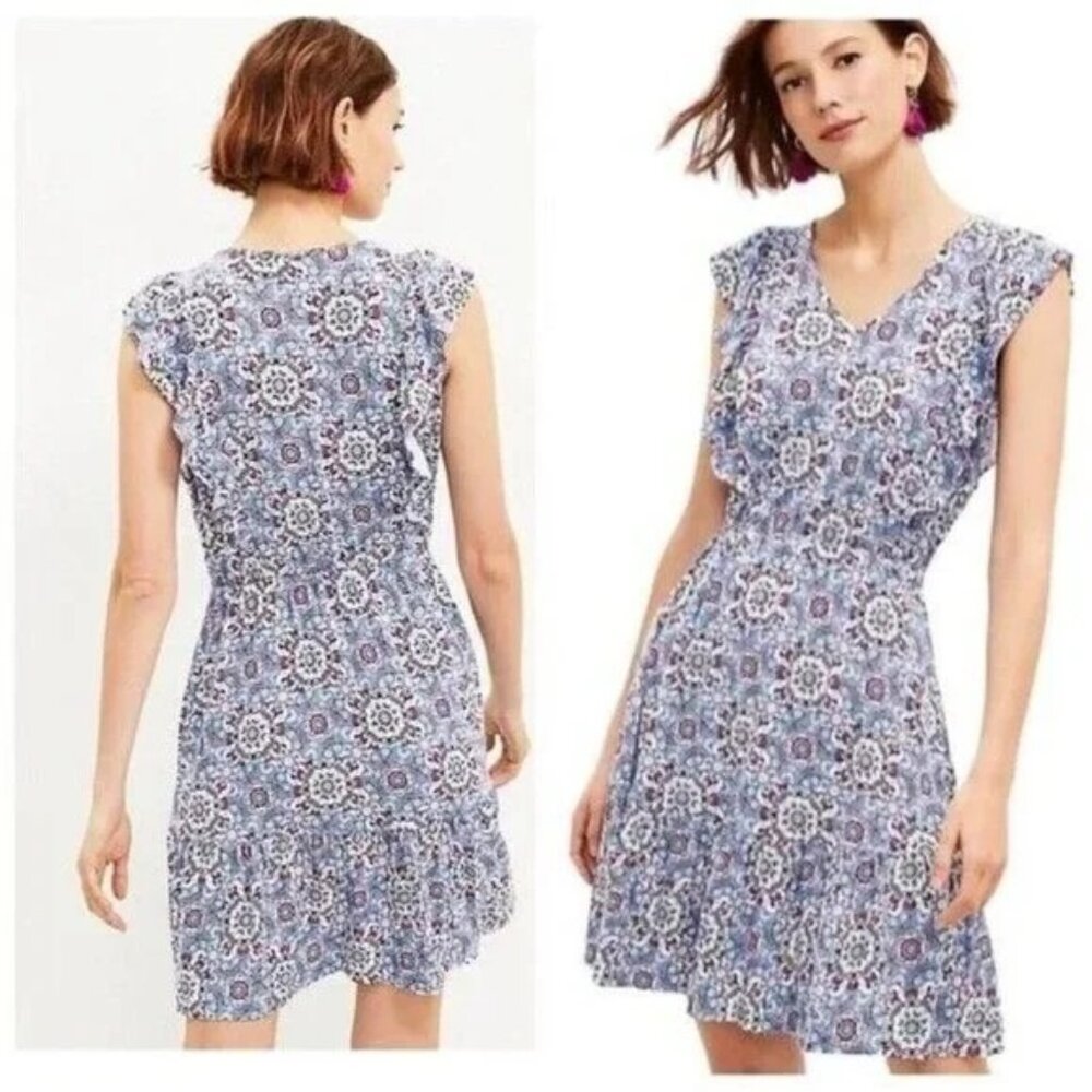 Loft Blue Medallion Ruffle Flounce Sleeveless Jersey Knit Dress Medium NWT